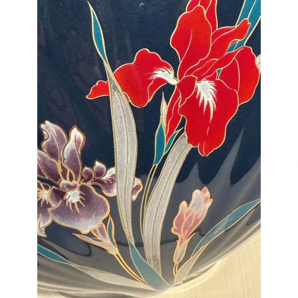 Vintage Japanese Fine China Vase Blue with Iris‎ Flowers Gold Trim–Made in Japan